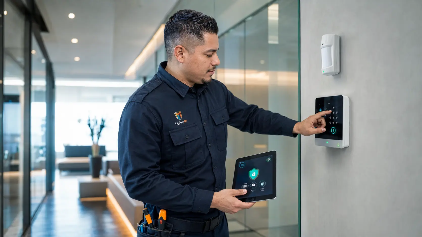 Técnico SEPRIM configurando un sistema profesional de alarmas