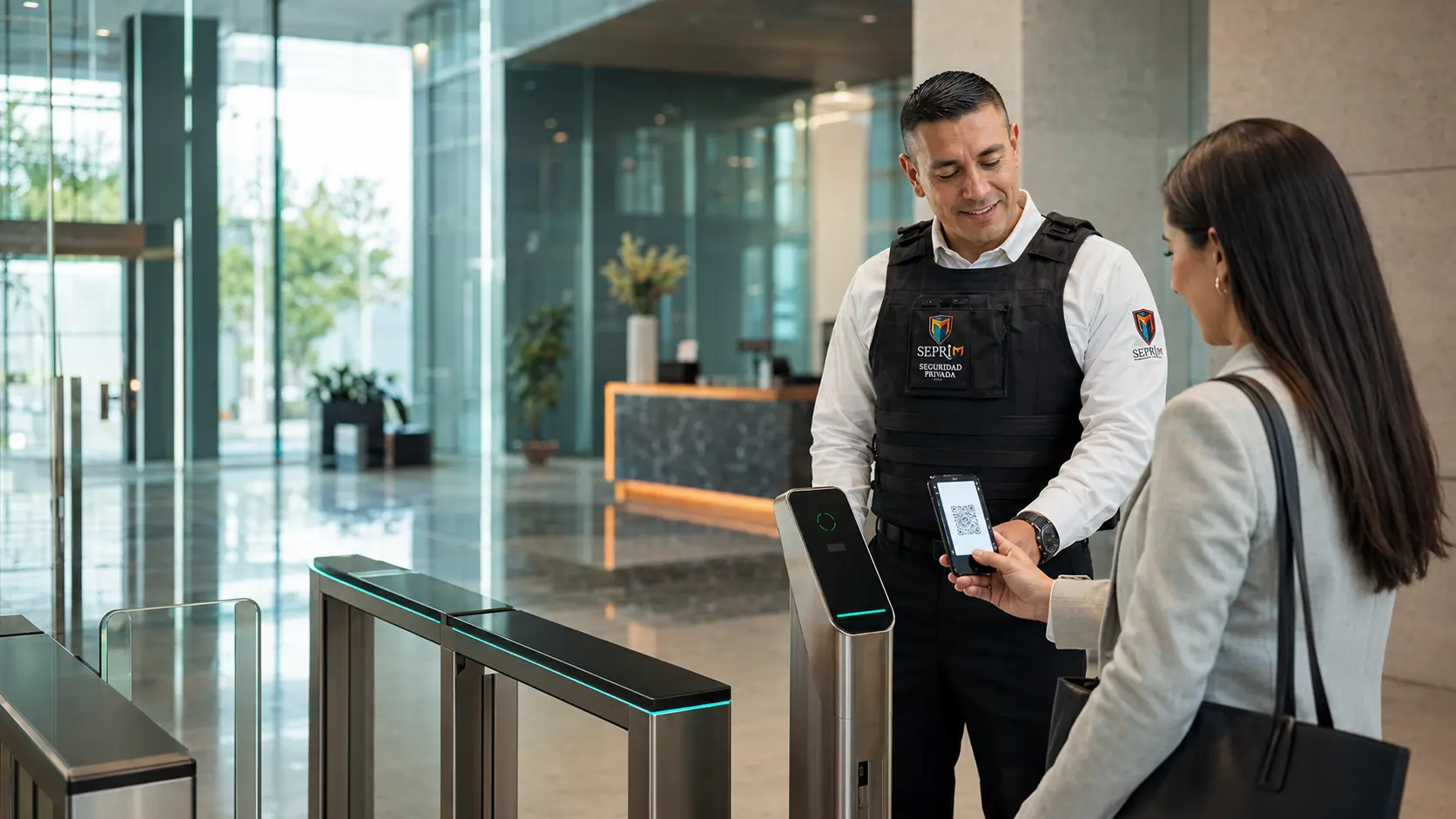 Guardia SEPRIM validando el acceso de una visitante mediante código QR