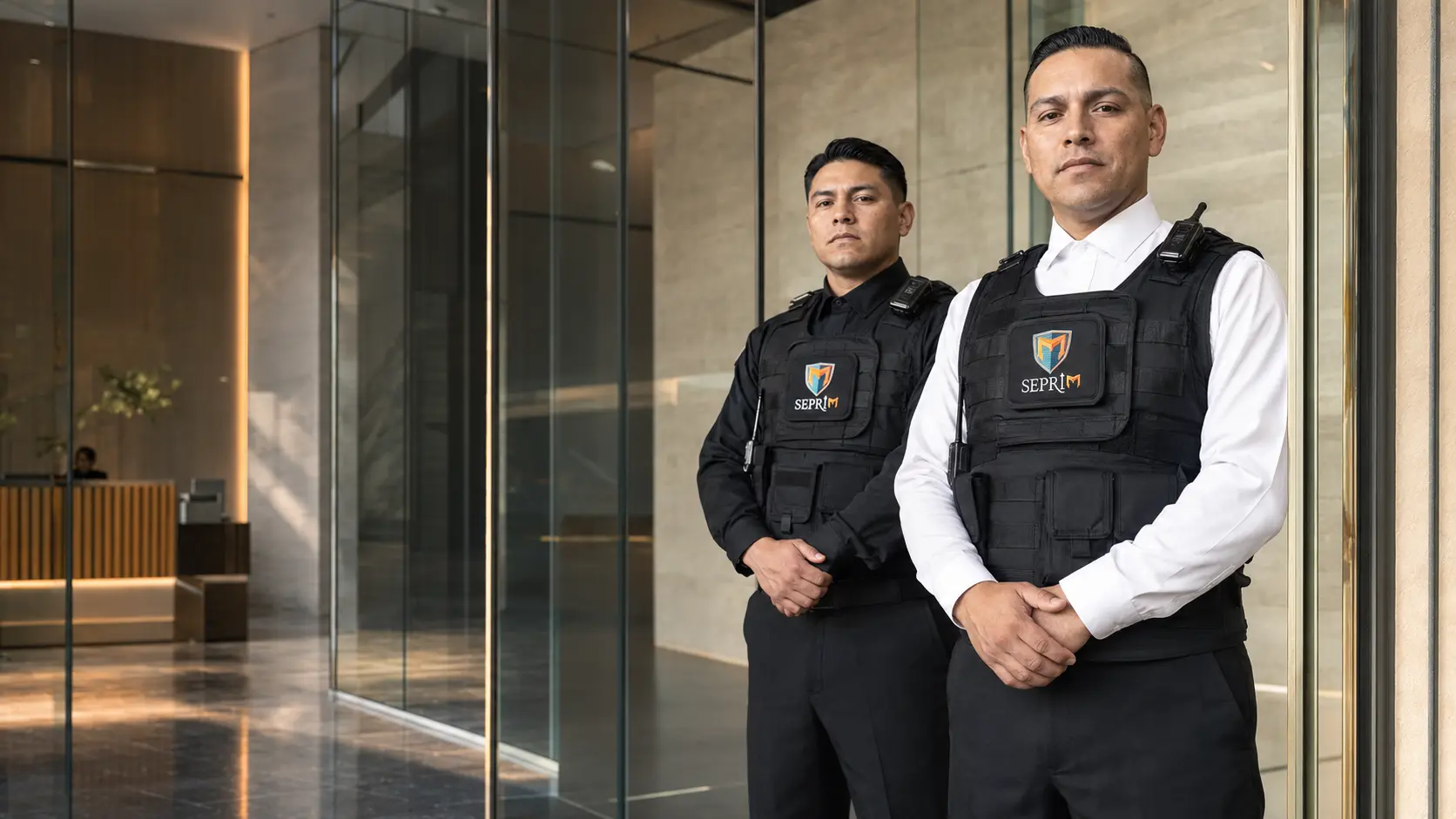 Guardias profesionales SEPRIM en un acceso corporativo